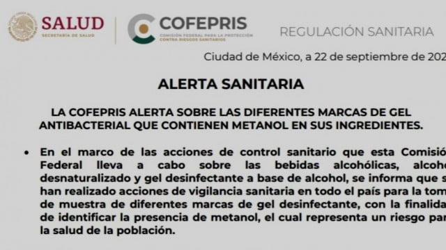 COFEPRIS emite Alerta Sanitaria sobre gel antibacterial que contiene metanol