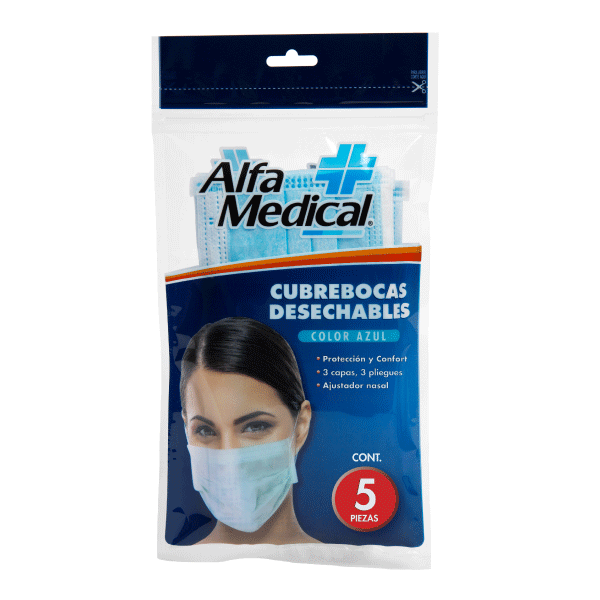 ALFA MEDICAL | CUBREBOCAS DESECHABLES TRES CAPAS / ADULTO / BOLSA 5 PZ