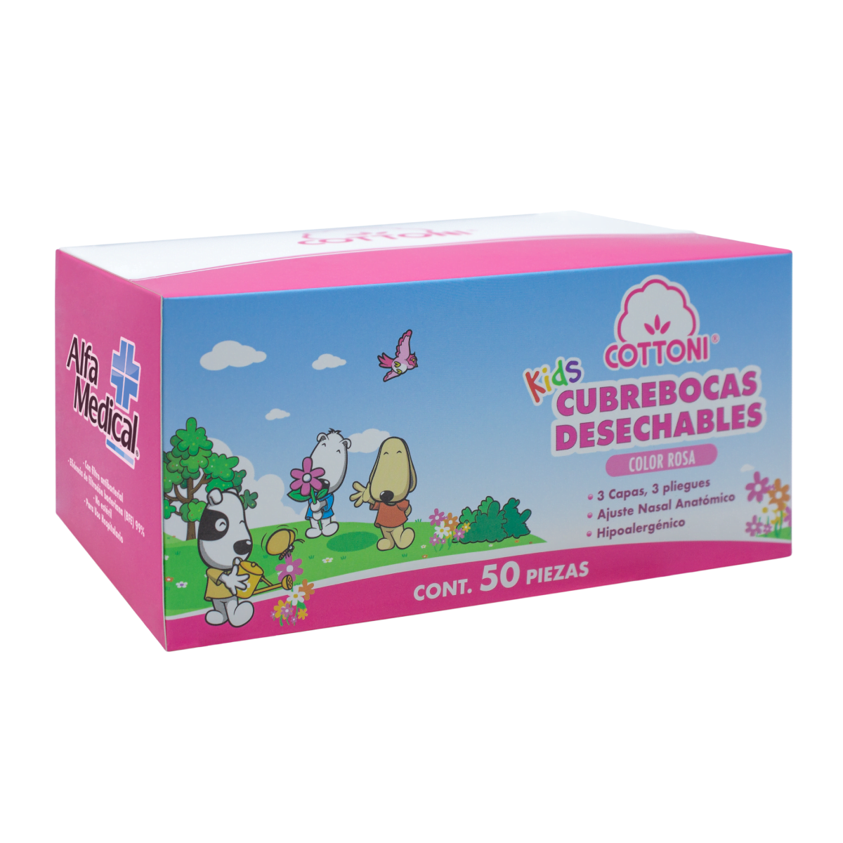 ALFA MEDICAL | CUBREBOCAS DESECHABLES KIDS COLOR ROSA  / CAJA 50 PZ