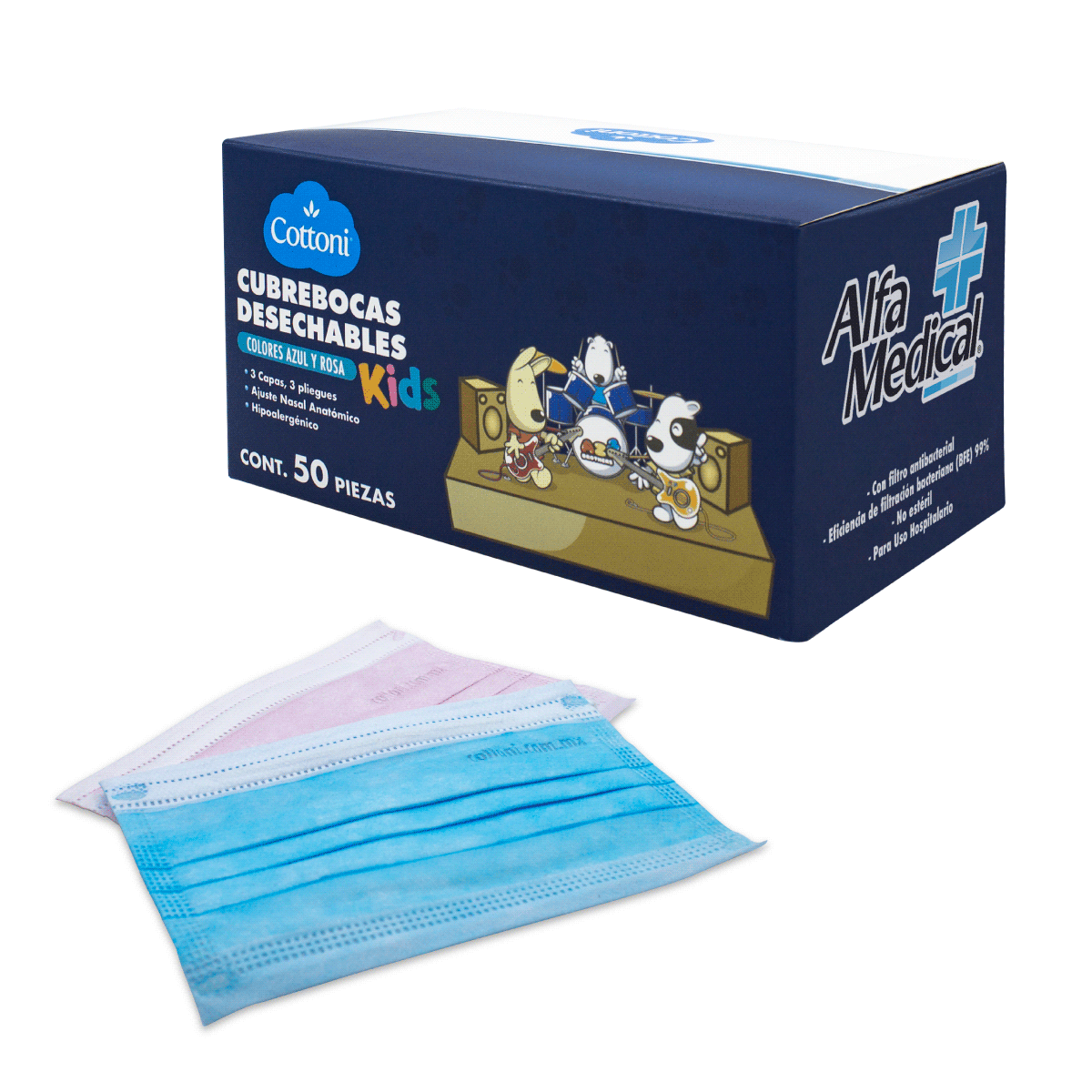 ALFA MEDICAL | CUBREBOCAS DESECHABLES KIDS COLOR AZUL / CAJA 50 PZ
