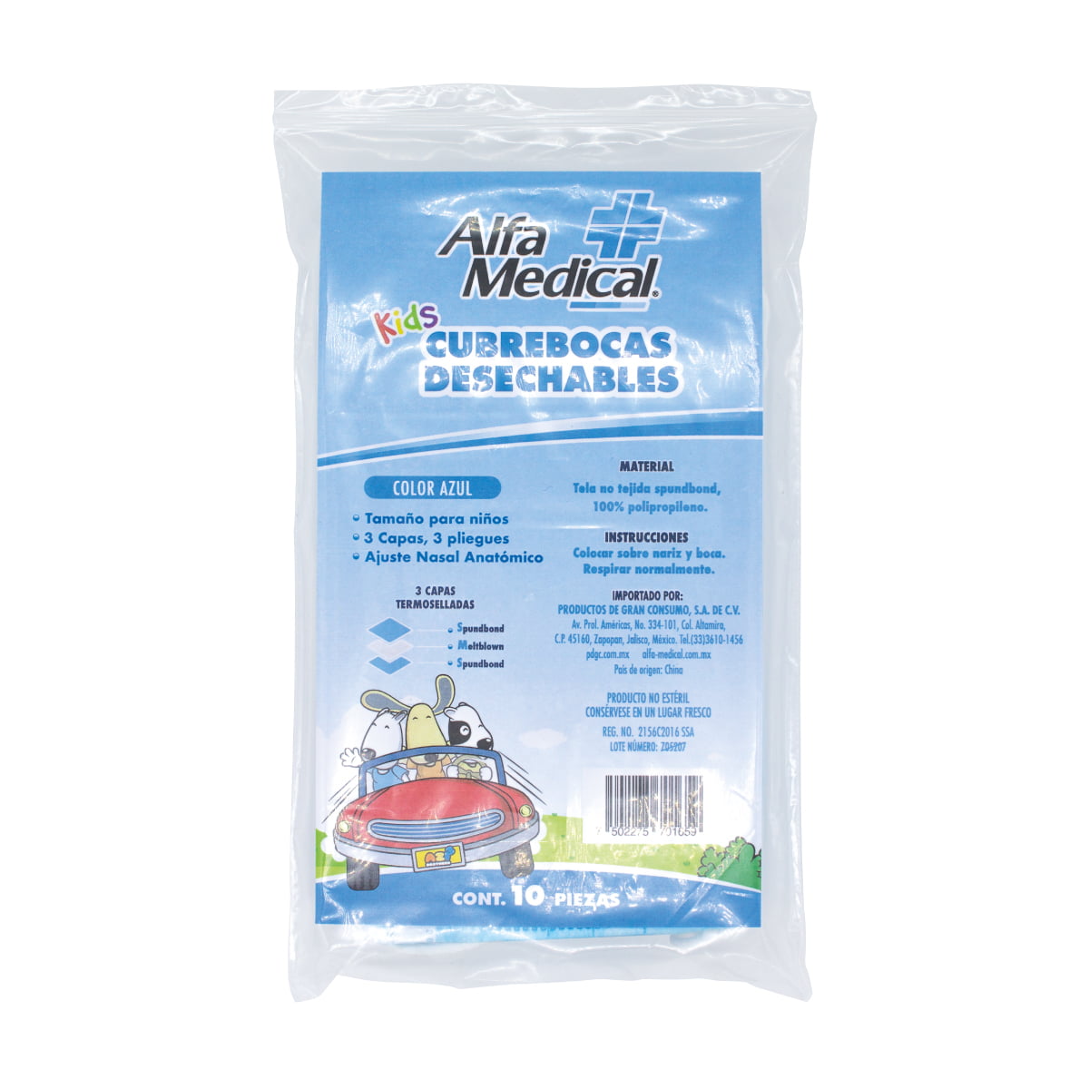 ALFA MEDICAL | CUBREBOCAS DESECHABLES KIDS COLOR AZUL / BOLSA 10 PZ