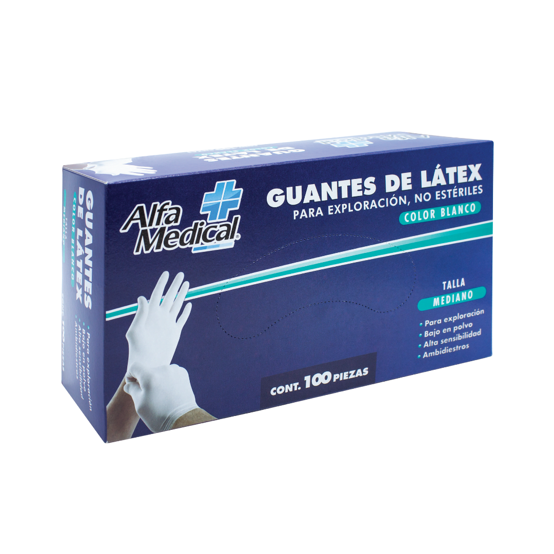 ALFA MEDICAL | GUANTES DE LATEX MULTIUSOS BLANCOS / MEDIANO / CAJA 100 PZ
