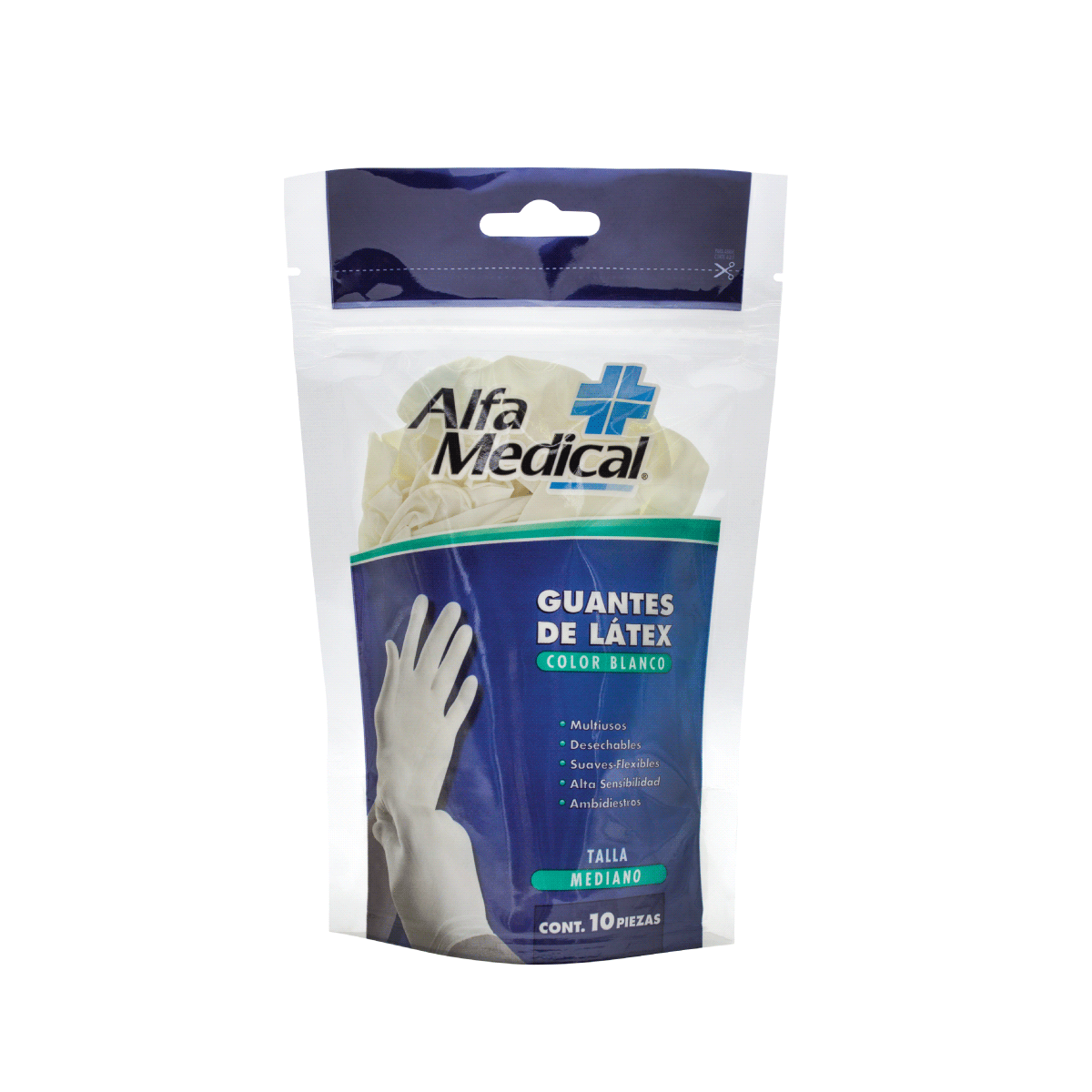 ALFA MEDICAL | GUANTES DE NITRILO BLANCOS / MEDIANO / BOLSA 10 PZ