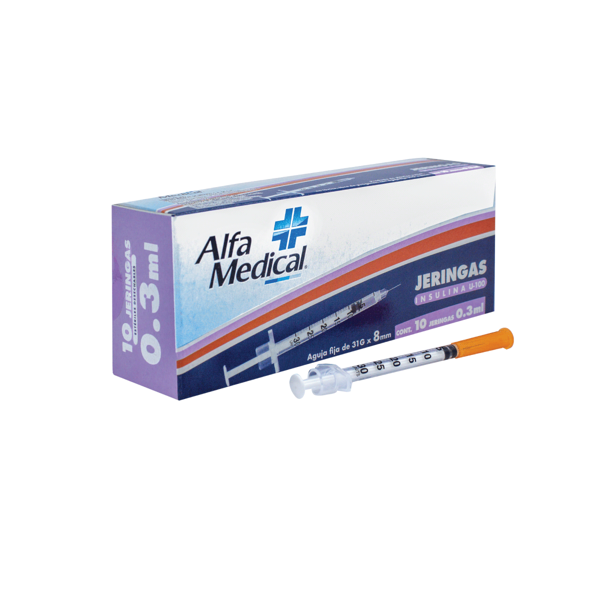 ALFA MEDICAL | JERINGAS ESTERILES DESECHABLES INSULINA U-100 0.3 ML  (31G X 8MM) / 10 PZ