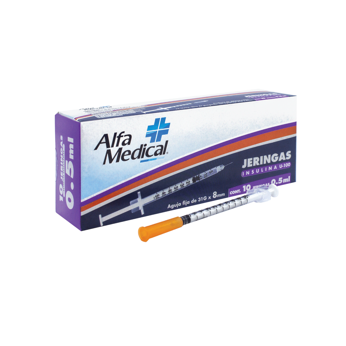 ALFA MEDICAL | JERINGAS ESTERILES DESECHABLES INSULINA U-100 0.5 ML  (31G X 8MM) / 10 PZ