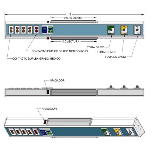 Consola 4 V delta de 180 cms con 3 tomas (aire/oxigeno/vacío)