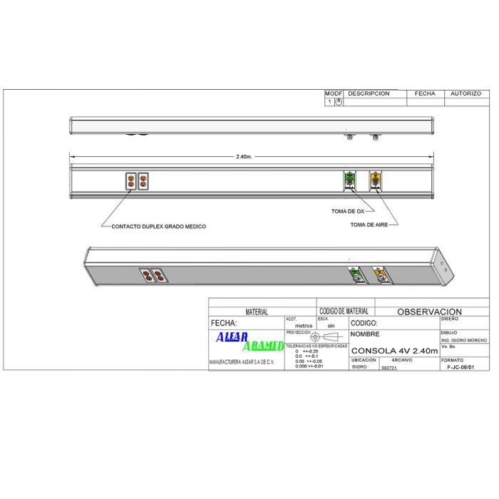 Consola 4 V delta de 240 cms con 2 tomas (aire/oxigeno) + 2 contactos