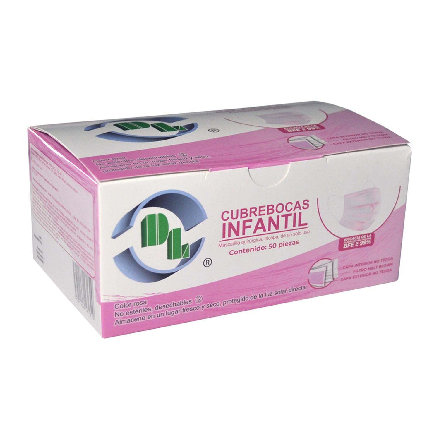 Cubrebocas infantil de 3 capas DENTILAB en caja con 50 mascarillas desechables para niños, protección y comodidad.