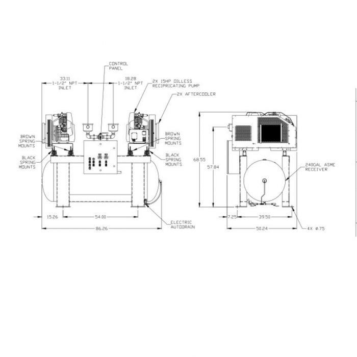 Compresor grado medico de 15HP dúplex de 240 galones Mod. MTD1506 con refrigerantes Cat. PWX-MTD1506-3K4 Marca Powerex