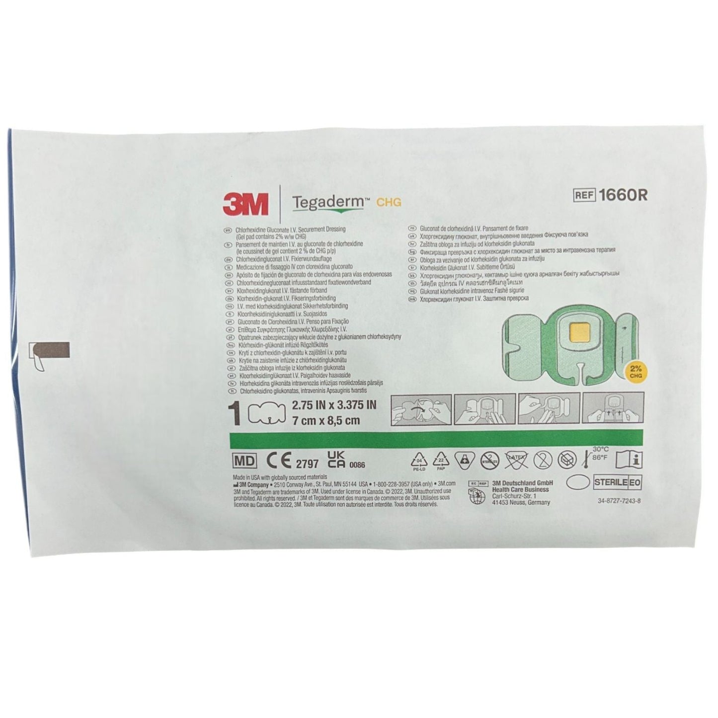 Aposito hospitalario con cojín de clorhexidina Tegaderm Chg de 8.5 x 11.5 cm, material quirúrgico de la marca 3M.