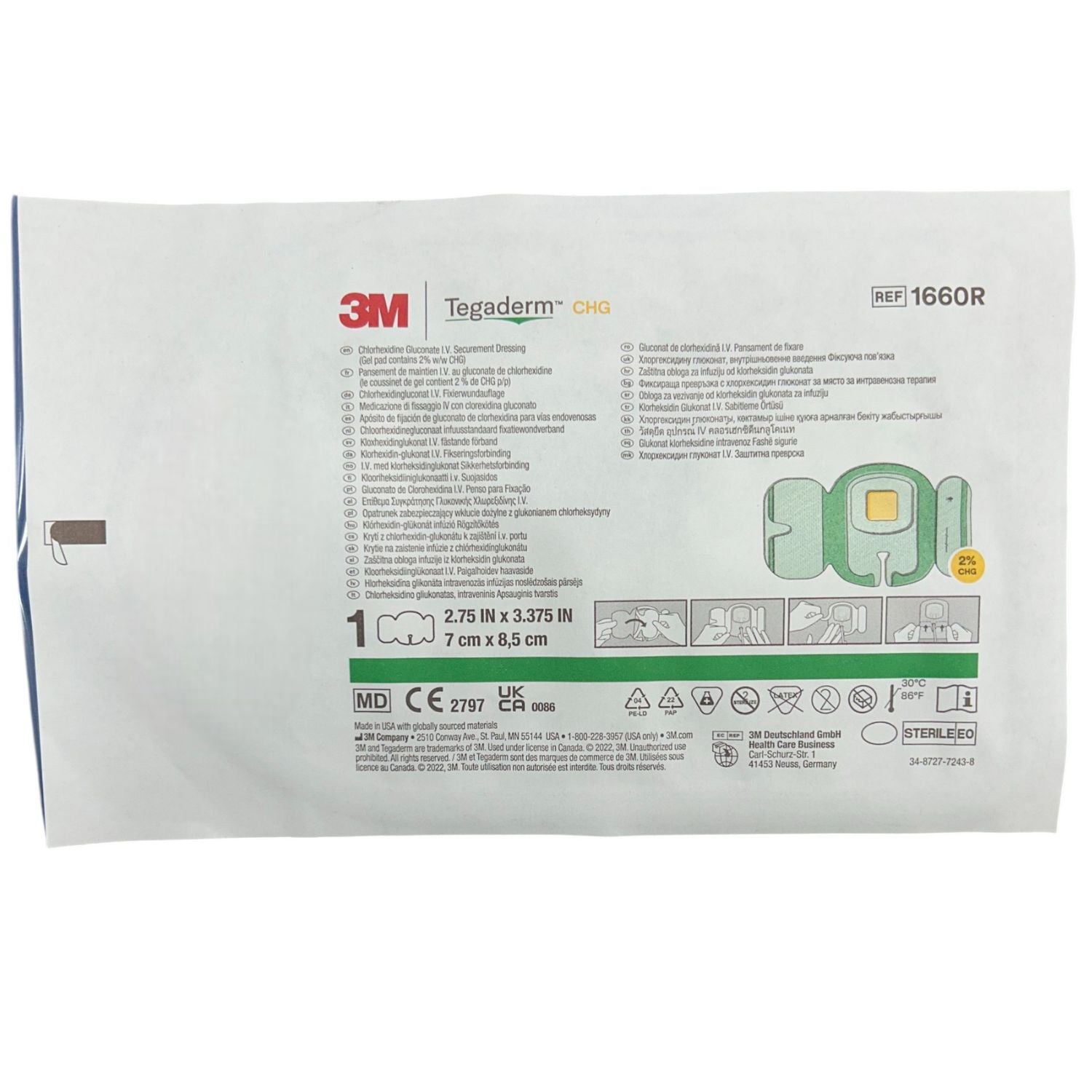 Aposito hospitalario con cojín de clorhexidina Tegaderm Chg de 8.5 x 11.5 cm, material quirúrgico de la marca 3M.