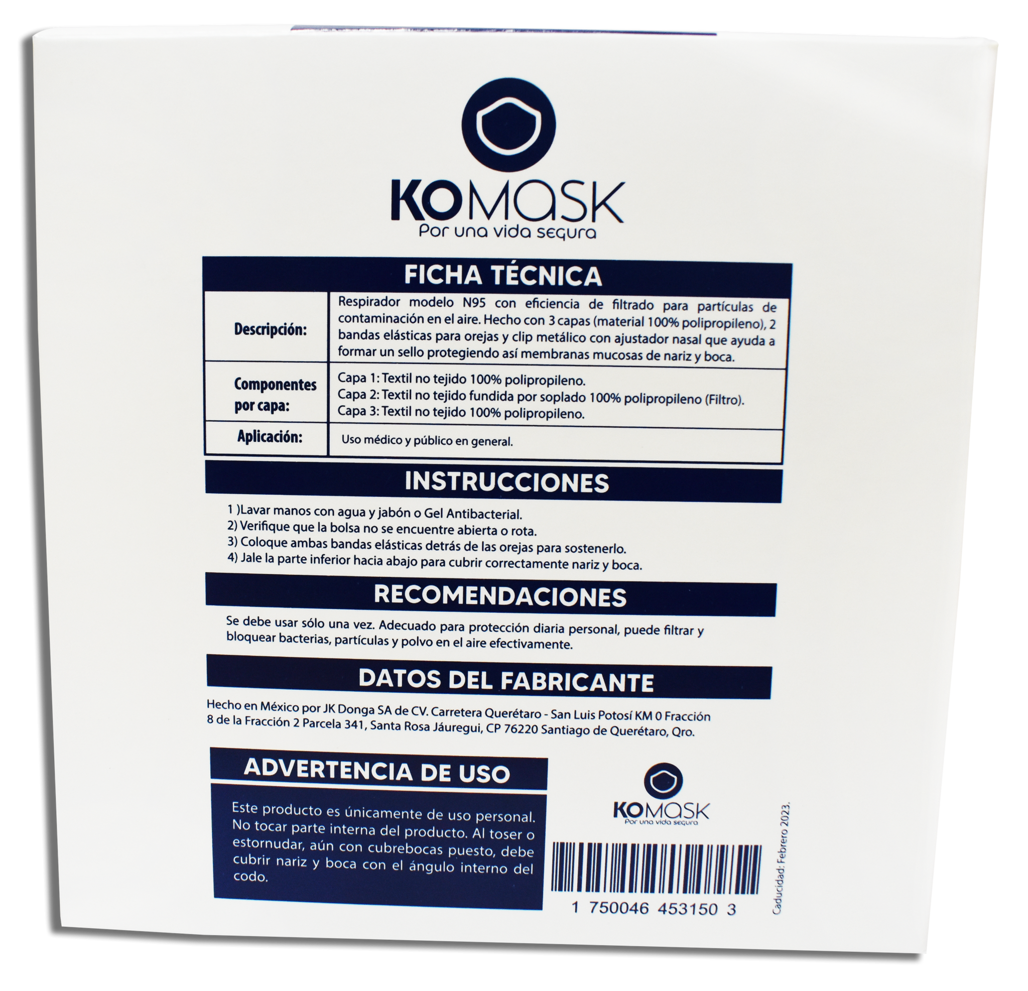Cubrebocas N95 3 capas de uso diario KOMASK 100 piezas