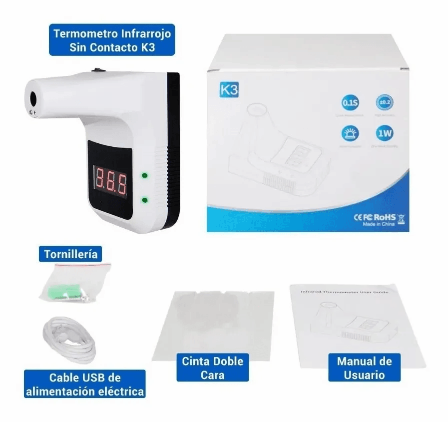 Termómetro K3 Infrarrojo De Pared Sin Contacto Con Alarma (Con tripié y bateria recargable)
