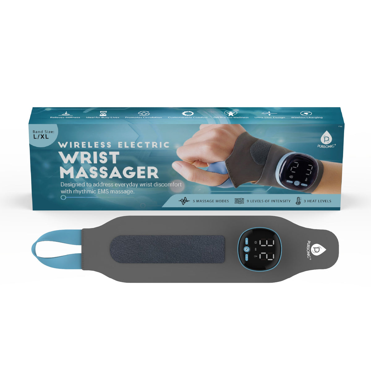 Muñequera de masaje eléctrica DC-PURSONIC para relajar y revitalizar las muñecas, con tecnología de masaje y compresión.