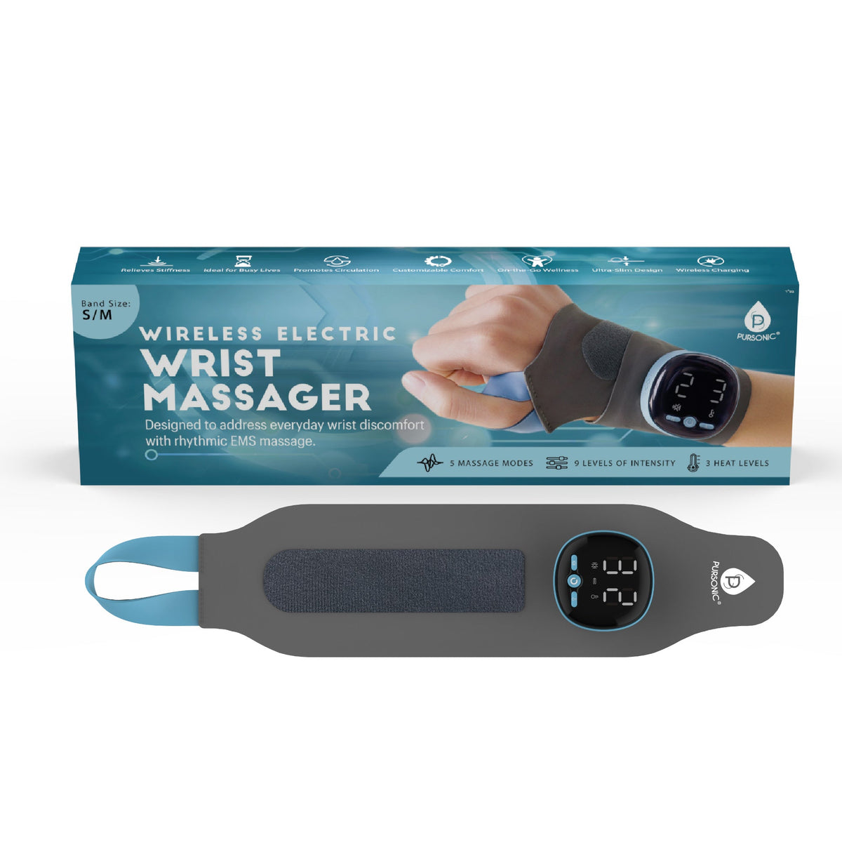 Guardia de muñeca con masajeador eléctrico DC-PURSONIC para relajar y revitalizar las muñecas, visible en la imagen.