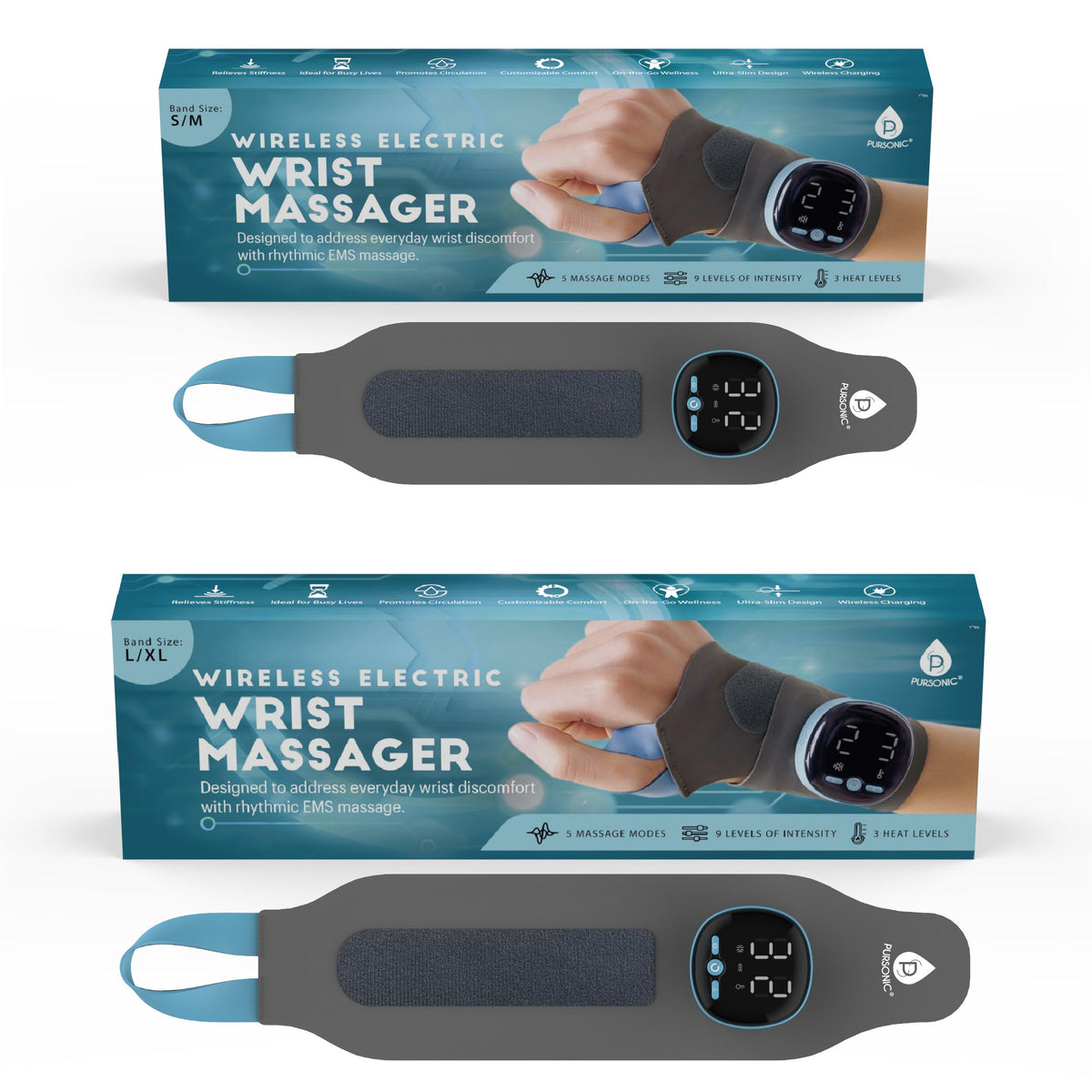 Guante de masaje eléctrico DC-PURSONIC para la muñeca, muestra el dispositivo con control y cables en una mano.