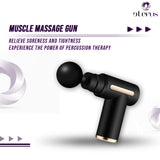 Pistola de masaje muscular DC-eterus con mango y cabezales intercambiables para aliviar tensión y dolor muscular.