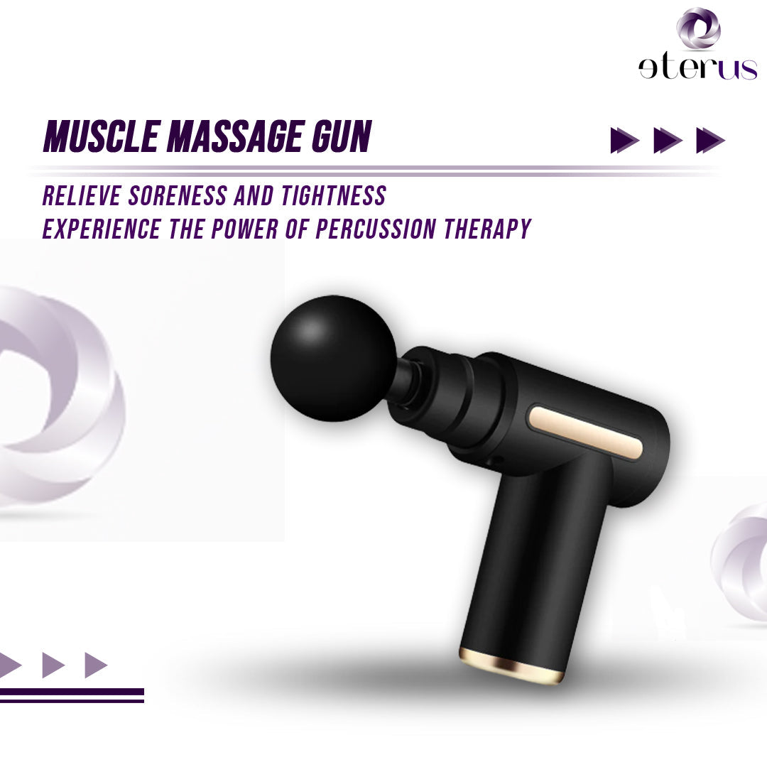 Pistola de masaje muscular DC-eterus con mango y cabezales intercambiables para aliviar tensión y dolor muscular.