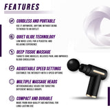 Pistola de masaje muscular DC-eterus con mango ergonómico y cabezales de terapia para aliviar tensión y dolor muscular.