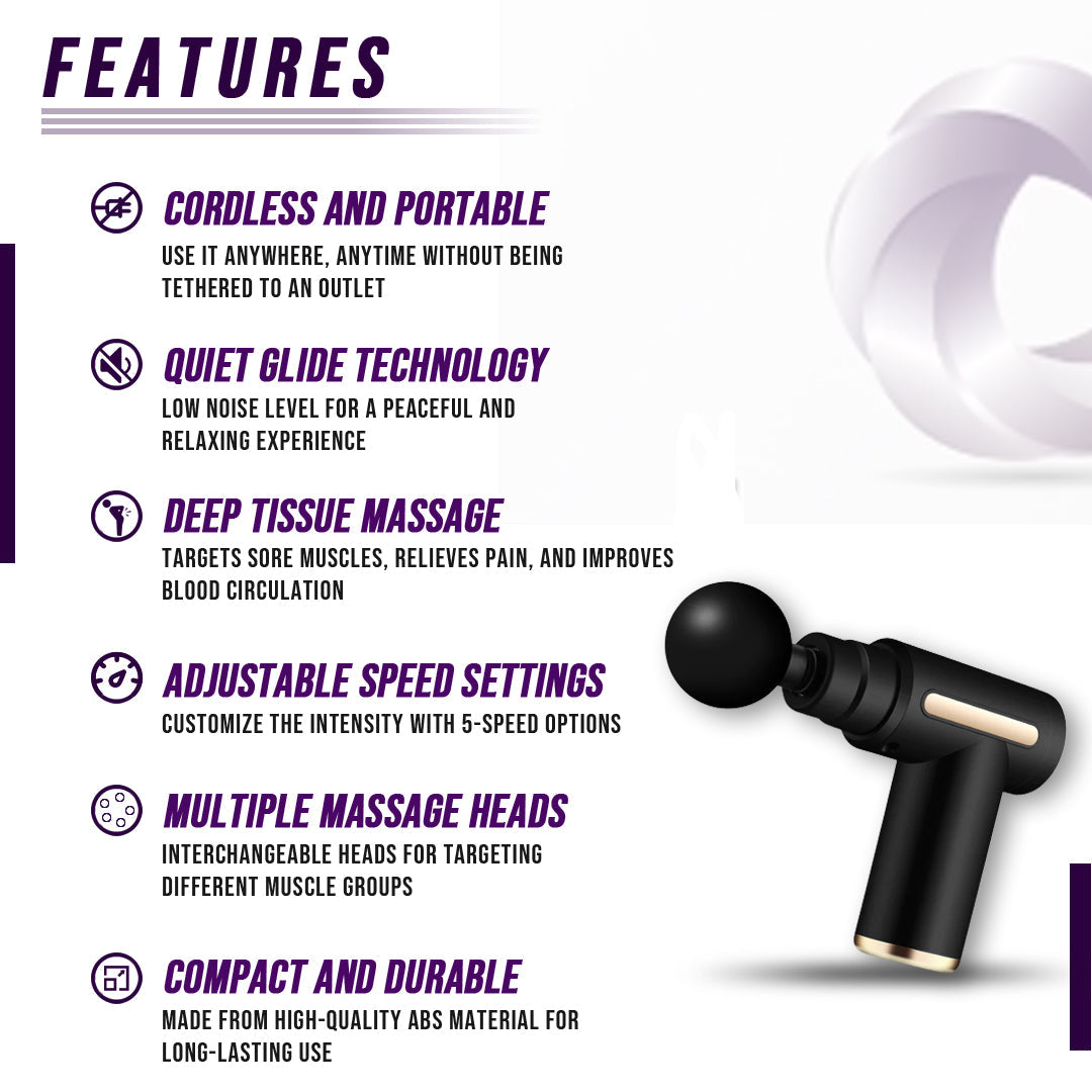 Pistola de masaje muscular DC-eterus con mango ergonómico y cabezales de terapia para aliviar tensión y dolor muscular.