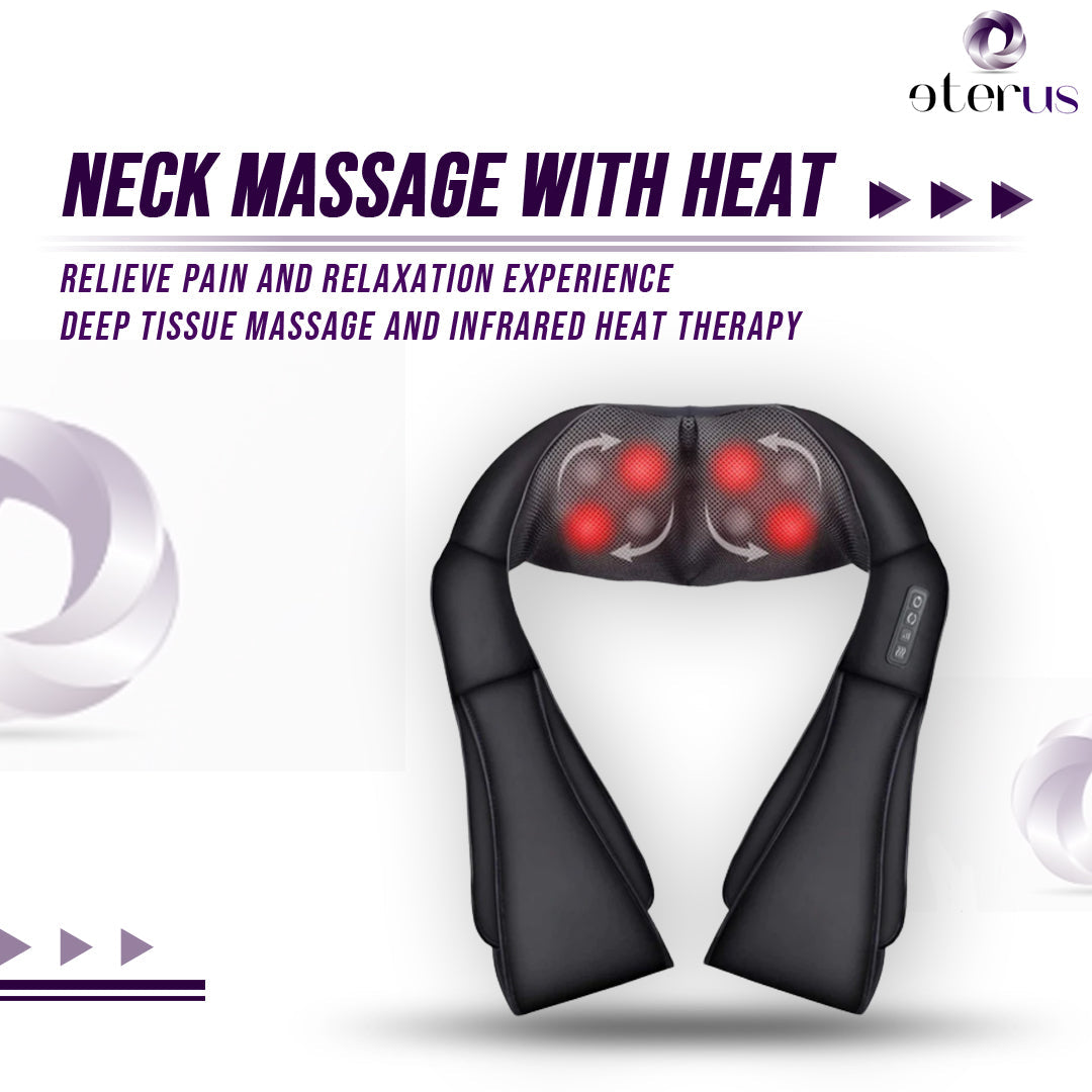 Masajeador de cuello y hombros DC-eterus con calor, muestra el dispositivo en uso en un entorno doméstico.