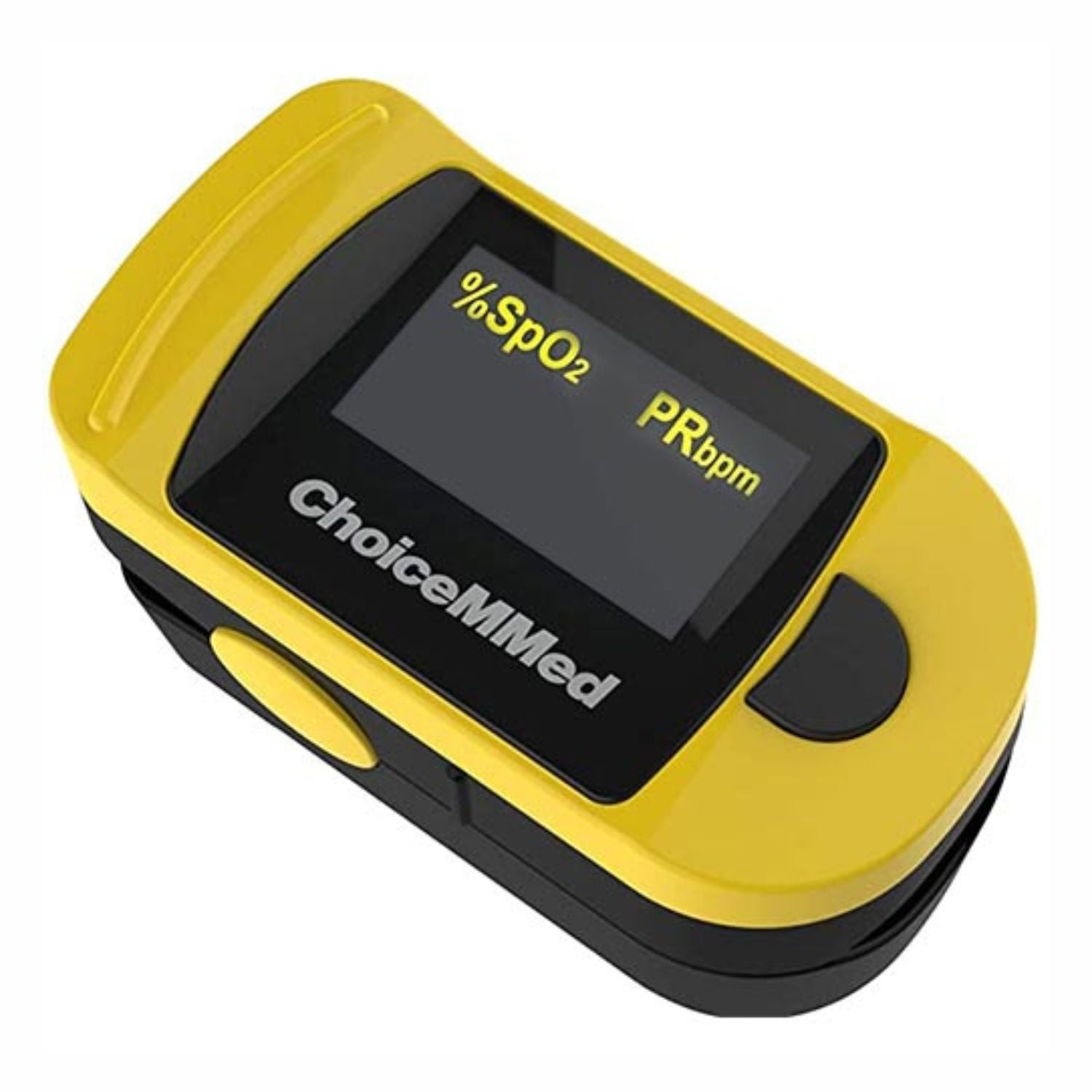 Oxímetro de pulso ChoiceMMed® para adultos en color amarillo, muestra medición de SpO2 y pulso en pantalla digital.