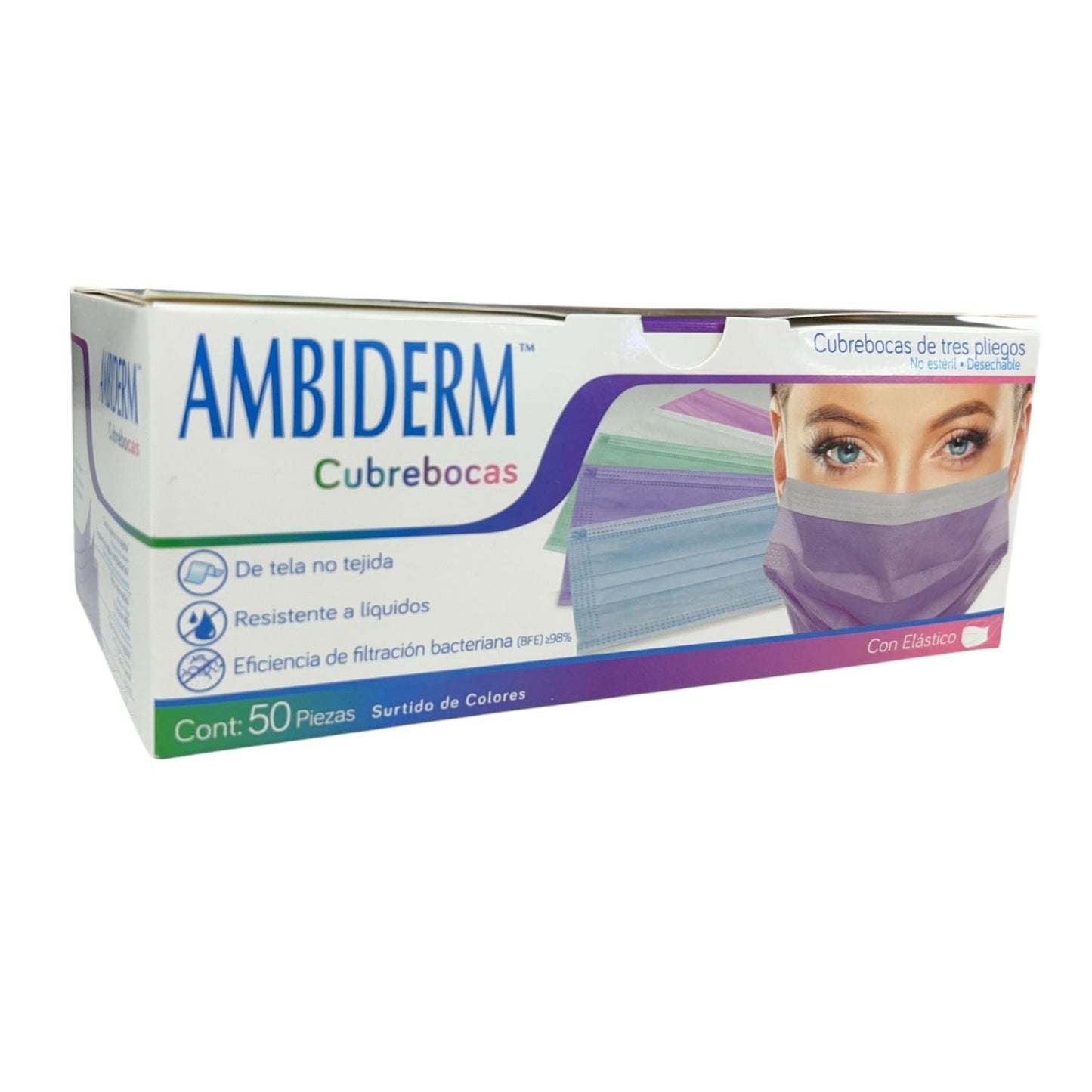 Cubrebocas quirúrgico adulto tricapa colorido con elastico AMBIDERM, en caja con 50 unidades, material hospitalario.