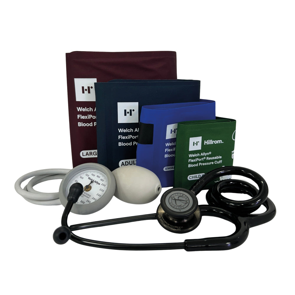 Nafarrate esfigmomanómetro y estetoscopio Littmann Classic III en paquete básico, con manómetro, manguito y estetoscopio en caja.