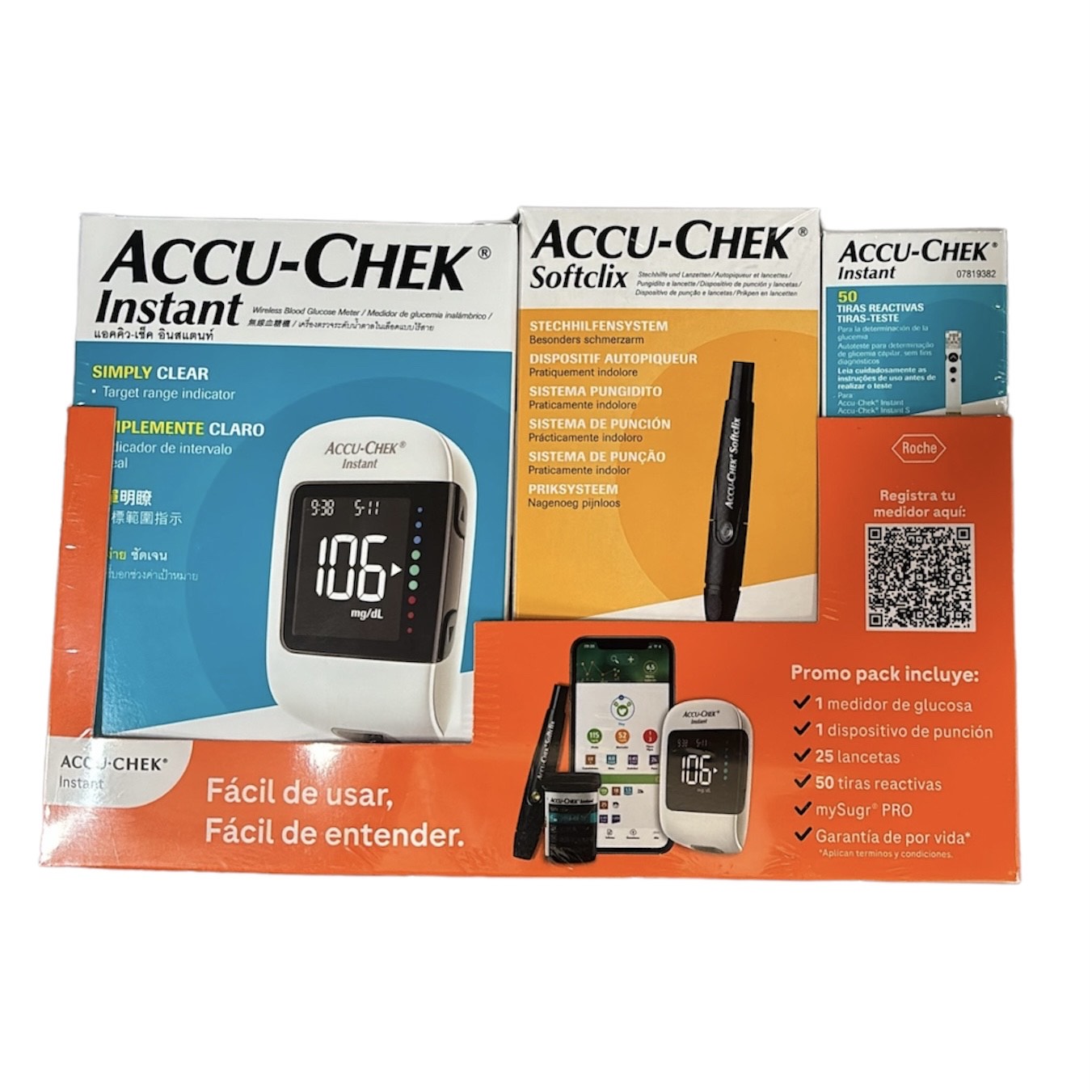 Glucometro Accu-check Instant Softclix Kit con 50 tiras de prueba para monitoreo de diabetes, marca ROCHE, en uso.