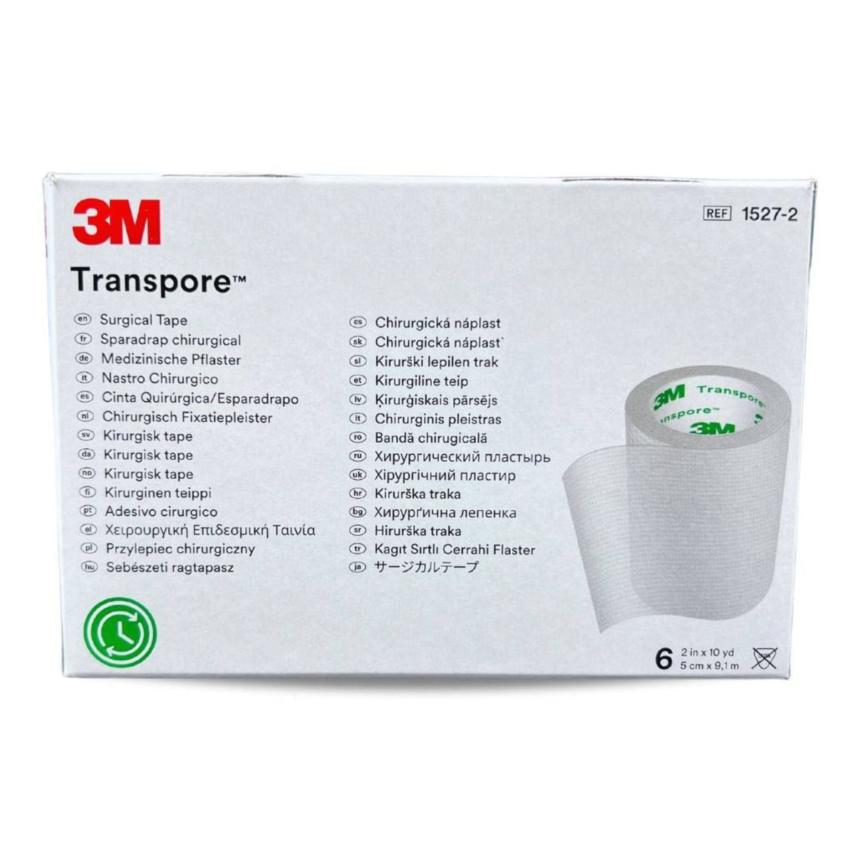 Cinta hospitalaria Transpore de 3M, 5cm x 9.14m, en caja con 6 rollos, material quirúrgico y médico.