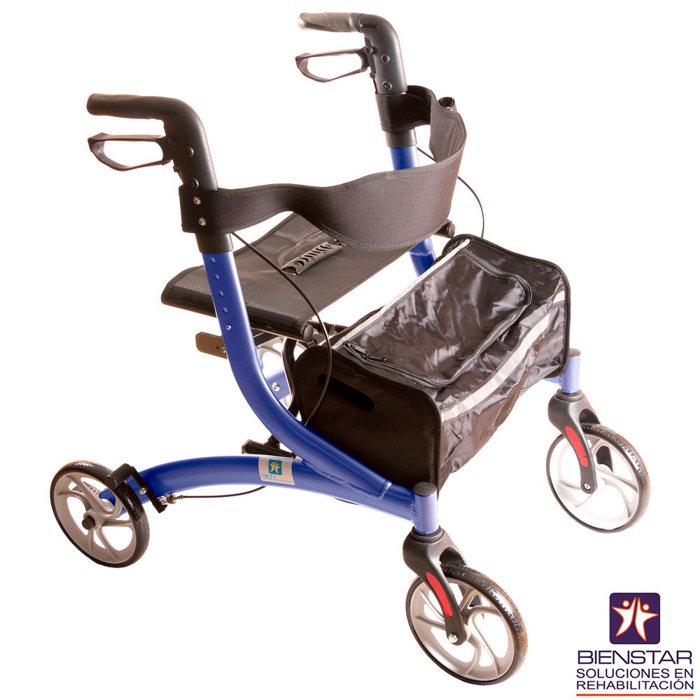 Andadera rollator de aluminio azul con 4 ruedas de la marca BIENSTAR, diseño ligero y estable para apoyo de movilidad.