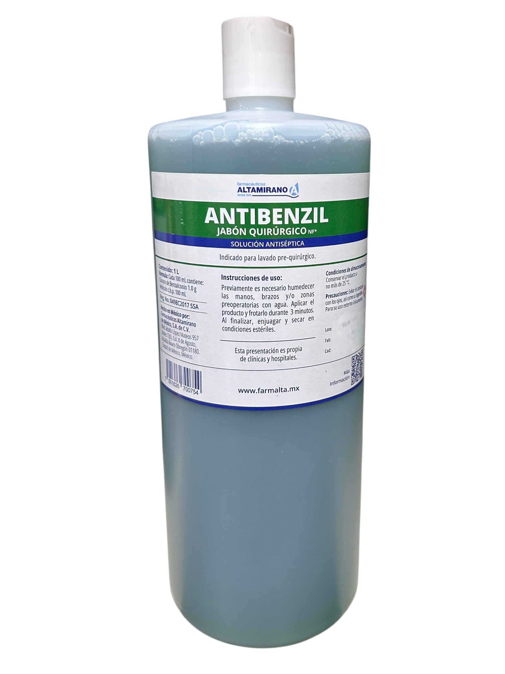 Jabón quirúrgico antibenzil de 1 litro de la marca ALTAMIRANO, producto hospitalario y de material quirúrgico.