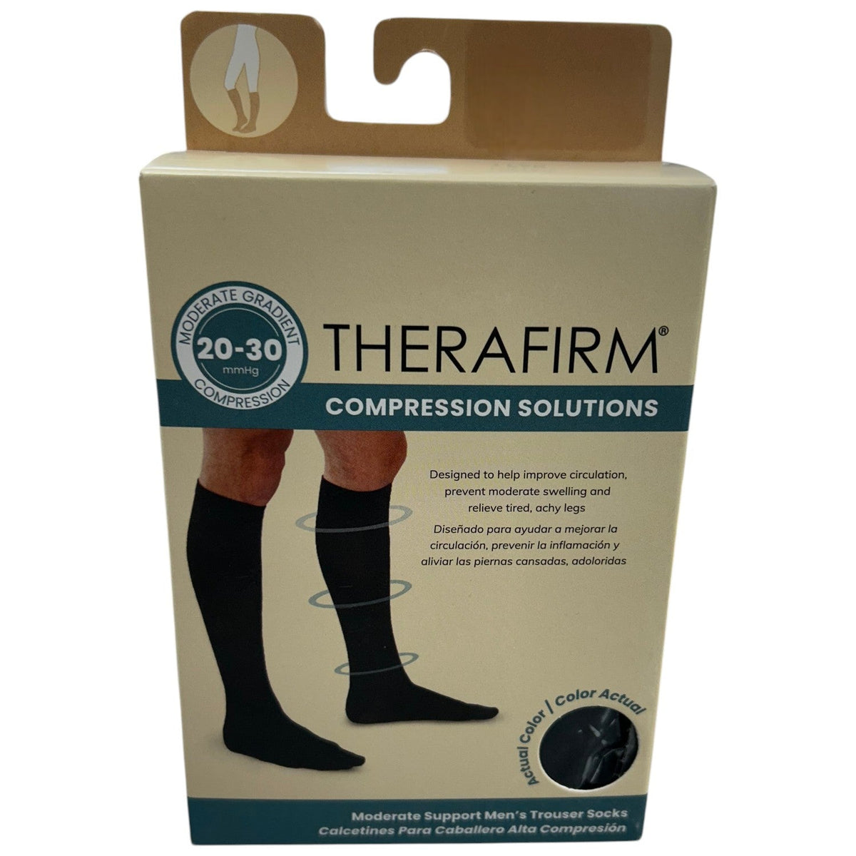 Calcetín de alta compresión Therafirm para caballero, 20-30 mmHg, en color gris, con tejido ajustado y soporte para las piernas.