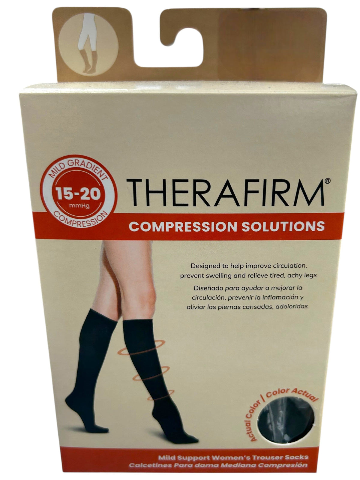 Calcetín de mediana compresión Therafirm® para mujer, 15-20 mmHg, muestra el diseño y la textura del calcetín en color neutro.