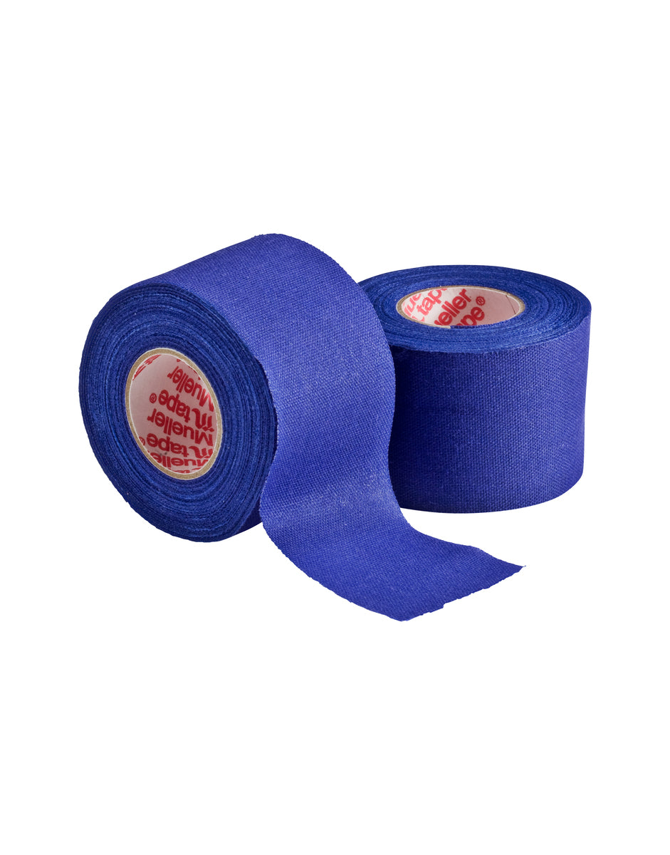 Cinta de compresión azul Mueller M-Tape, de especialidades, mostrando su textura y diseño en la imagen.