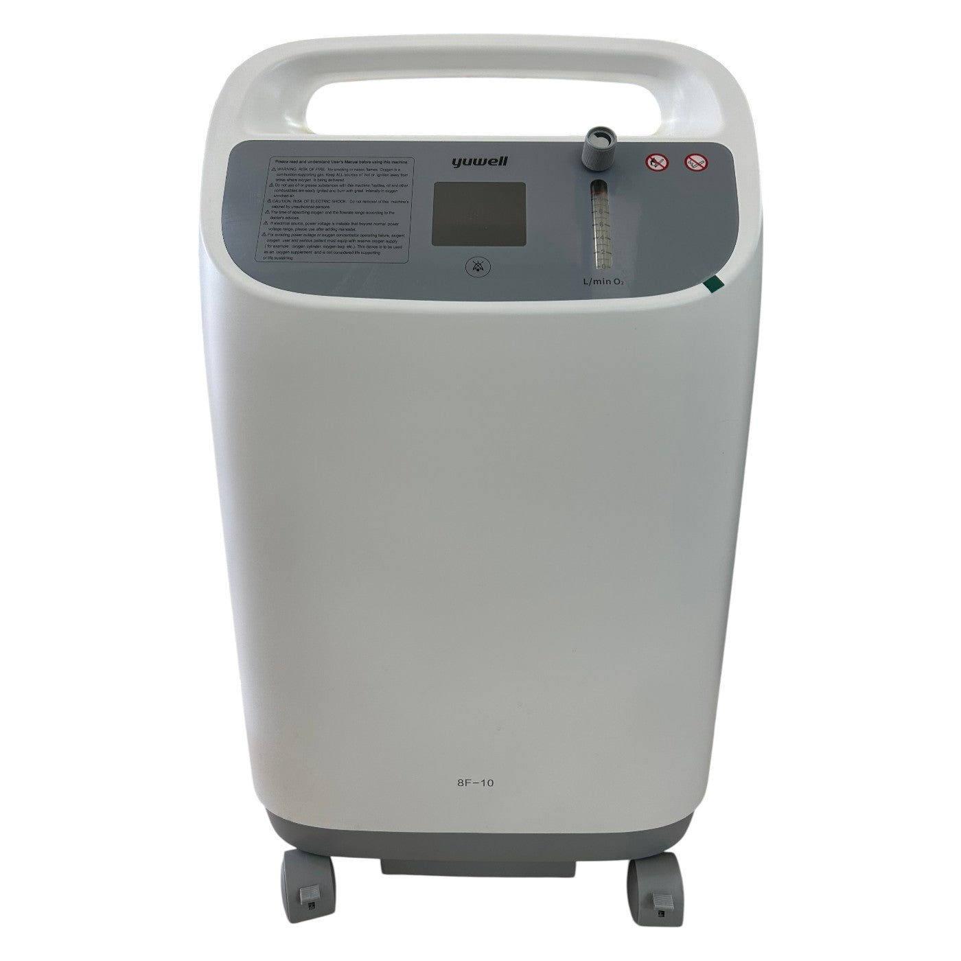 Concentrador de oxígeno Yuwell 10 litros, dispositivo médico para terapia de oxígeno, en color blanco con pantalla y controles.