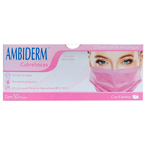 Cubrebocas adulto tricapa rosa AMBIDERM con elástico, paquete de 50, material hospitalario y quirúrgico, protección AMBIDERM