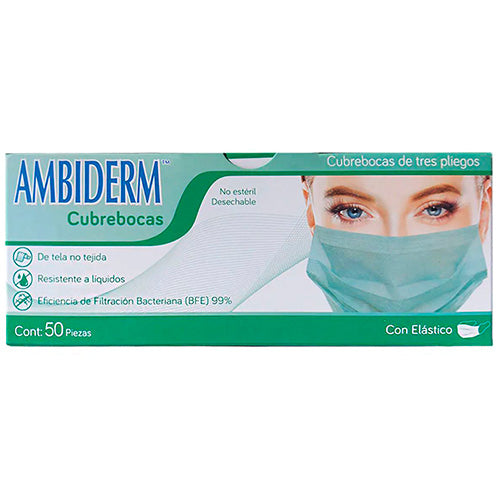 Cubrebocas Adulto Tricapa 3 Pliegos Verde con Elastico Caja C/50