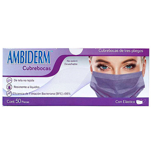 Cubrebocas Adulto Tricapa 3 Pliegos Violeta con Elastico Caja C/50