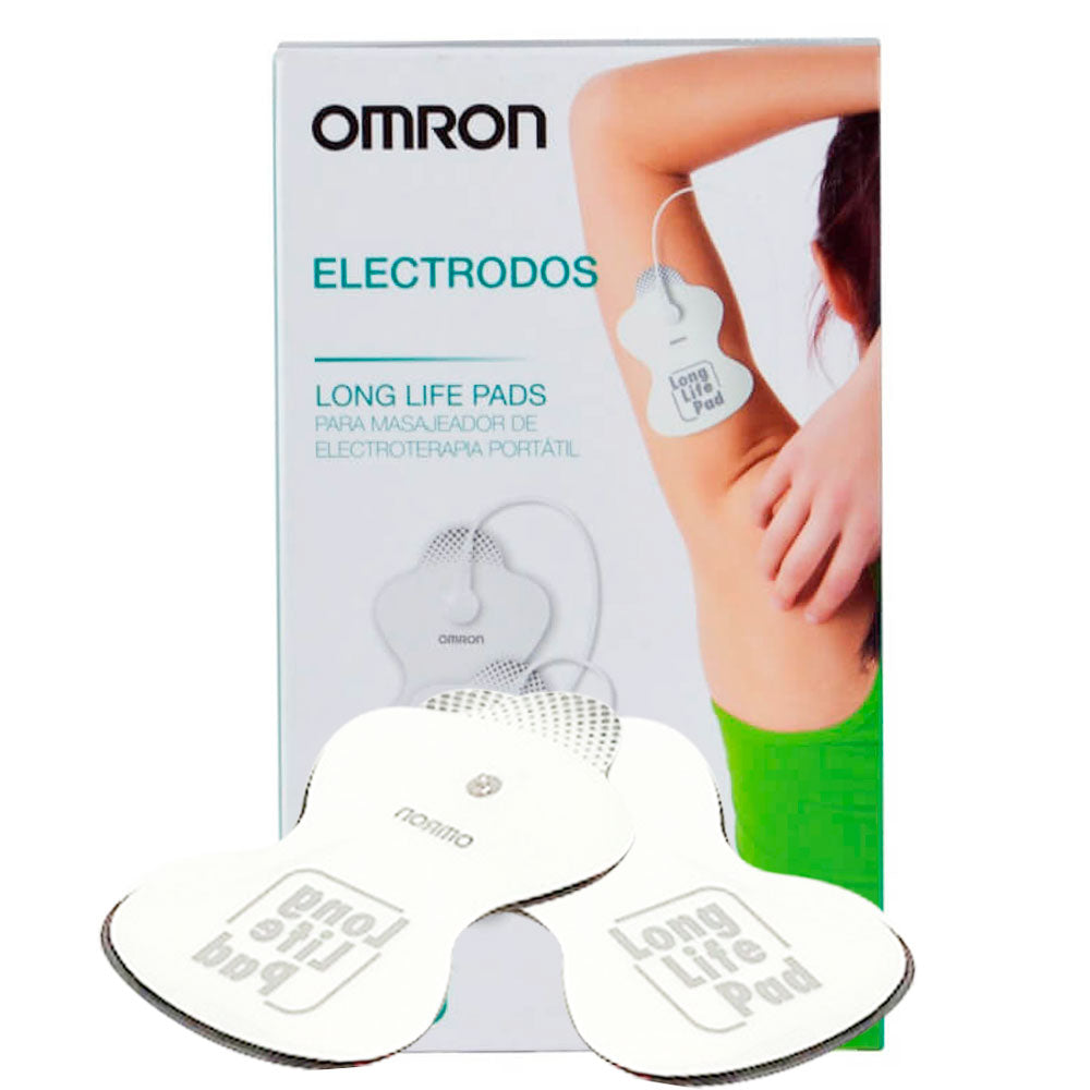 Electrodo masajeador en par de la marca OMRON para terapia física y electroterapia, con superficie adhesiva y tamaño compacto.