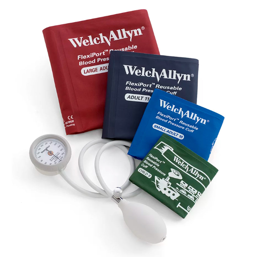 Esfigmomanómetro aneroide Welch Allyn Durashock con cuatro brazaletes de diferentes tamaños para medición de presión arterial.