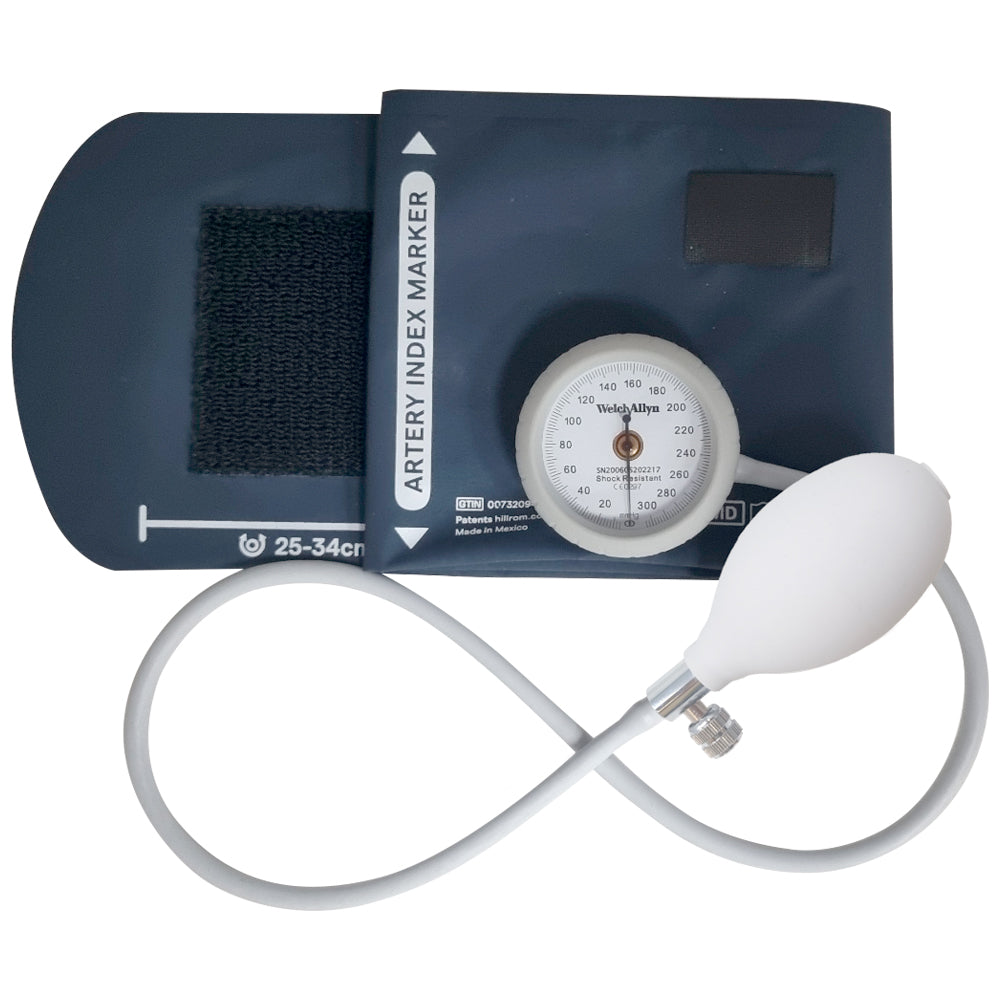 Esfigmomanómetro aneroide Welch Allyn Durashock serie Bronce para diagnóstico de presión arterial, con manguito y estetoscopio.