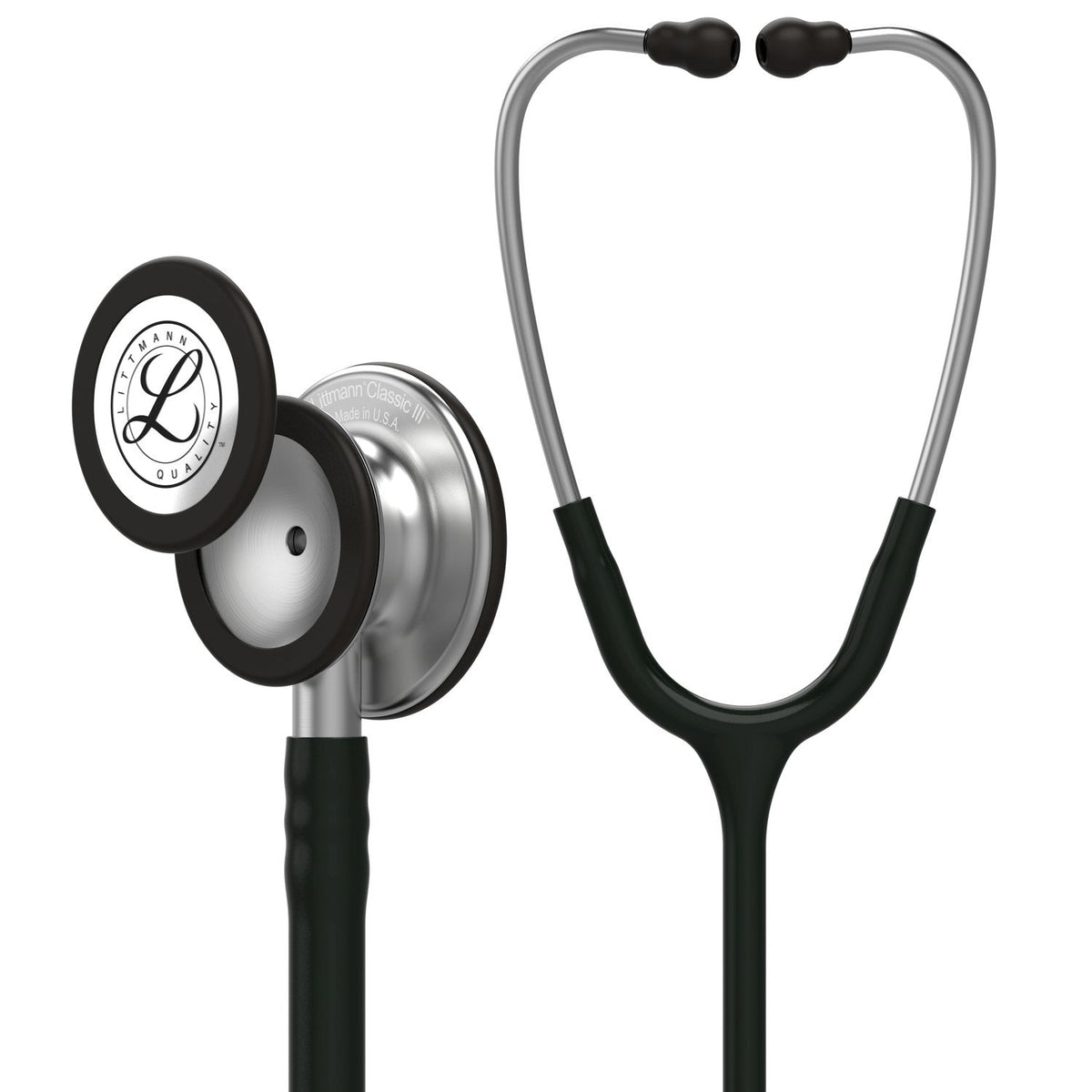 Estetoscopio 3M™ Littmann® Classic III™ para adultos en color negro, con diagrama de doble cara y manguera flexible.