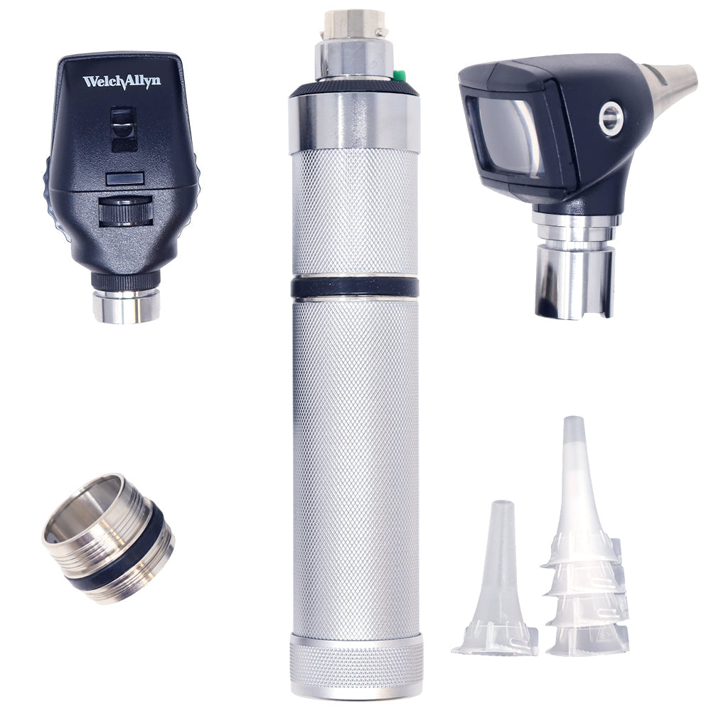 Estuche de diagnóstico recargable Welch Allyn 3.5V para otoscopio, mango convertible y accesorios para examen ocular.
