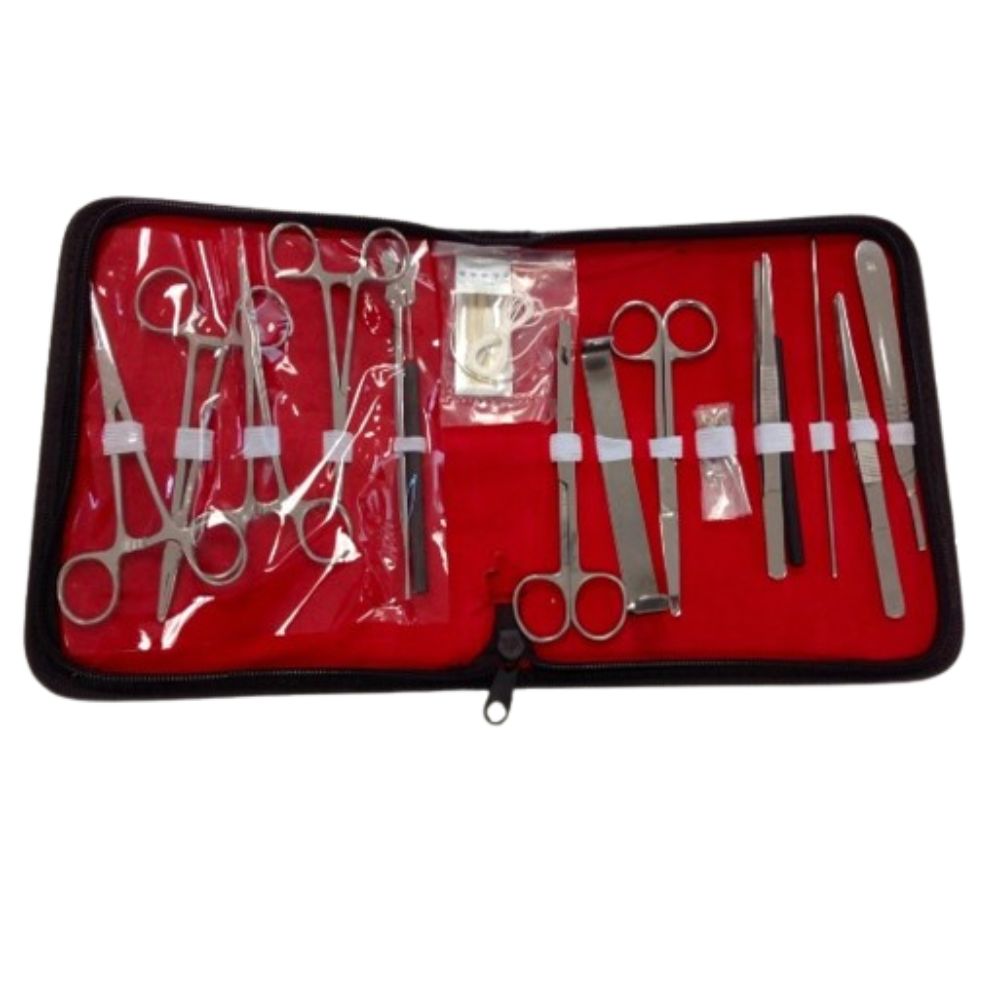 Estuche de disección hospitalario HERGOM con 16 piezas de instrumental quirúrgico en estuche resistente.
