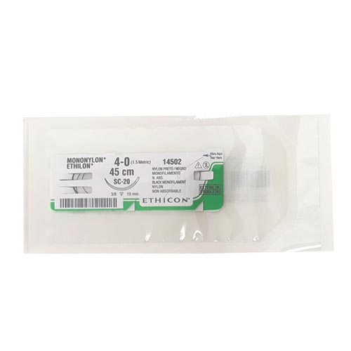 Sutura quirúrgica Ethilon Nylon 4-0 de 45 cm en sobre, material hospitalario de ETHICON para cierre cuticular.