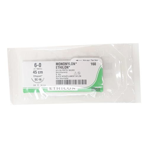 Sutura quirúrgica Ethilon Nylon 6-0 de 45cm, tamaño SC-16, 3/8, 16mm, material hospitalario de ETHICON.