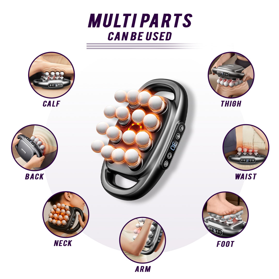 Dispositivo de masaje con múltiples cabezales de la marca DC-eterus, muestra diferentes accesorios para terapias de relajación muscular.