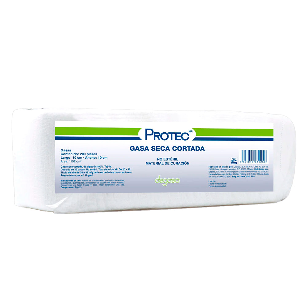 Gasas no esteriles PROTEC, paquete de 200, tamaño 10x10 cm, material quirúrgico hospitalario, tejido suave y absorbente.