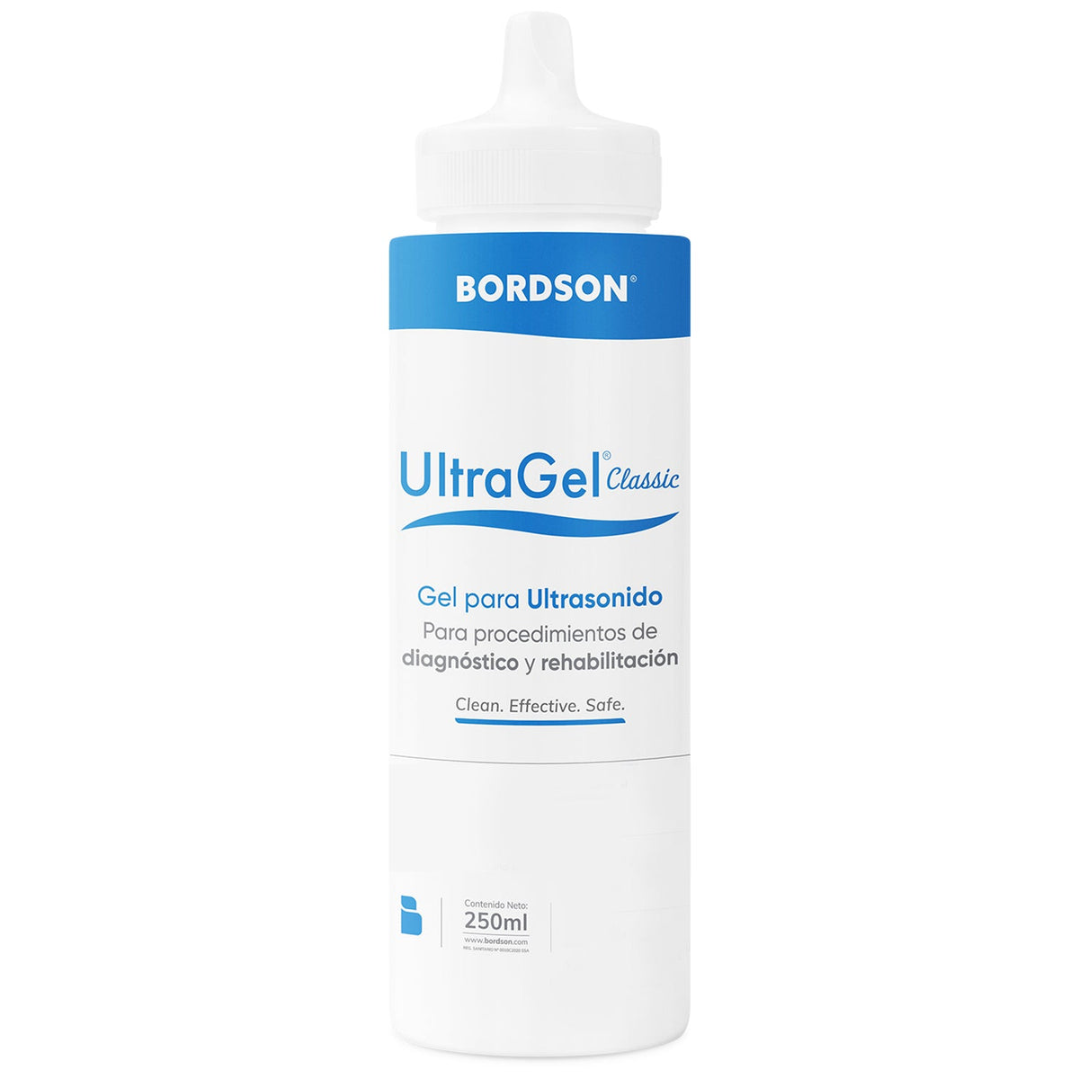 Gel ultrasónico BORDSON Ultragel Classic azul, 250 ml, material quirúrgico y hospitalario para procedimientos médicos.